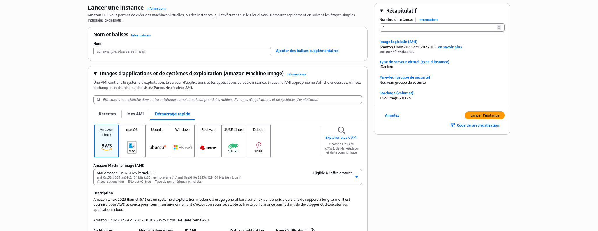 Capture d'écran de la console AWS EC2